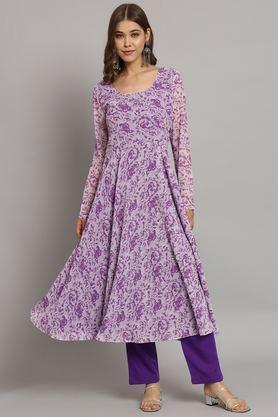printed round neck georgette women's ankle length ethnic dress - purple