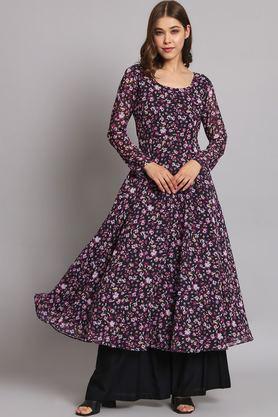 printed round neck georgette women's ankle length ethnic dress - purple