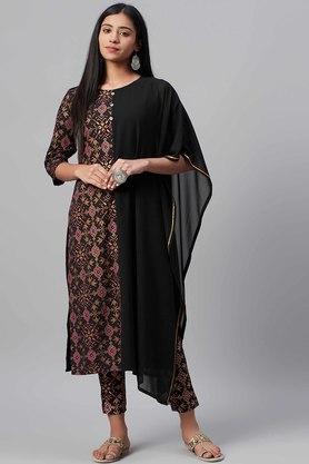 printed round neck georgette women's ethnic set - black