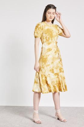 printed round neck georgette women's midi dress - yellow