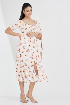 printed round neck modal women's knee length dress - light orange
