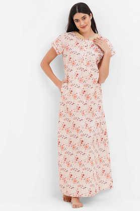 printed round neck polyester full length women's night dress - peach