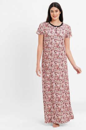 printed round neck polyester full length women's night dress - stone