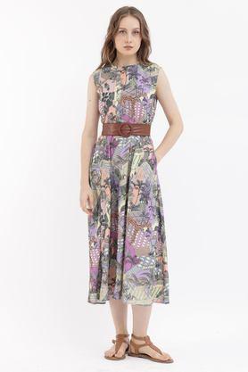 printed round neck polyester women's calf length dress - multi