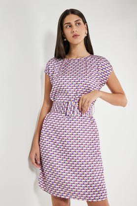 printed round neck polyester women's dress - multi