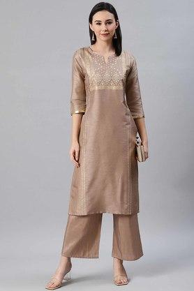 printed round neck polyester women's ethnic set - brown