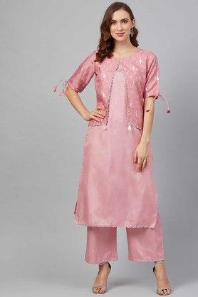 printed round neck polyester women's ethnic set - pink