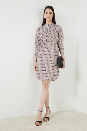 printed round neck polyester women's knee length dress - lilac