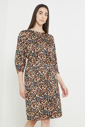 printed round neck polyester women's knee length dress - multi