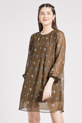 printed round neck polyester women's knee length dress - olive