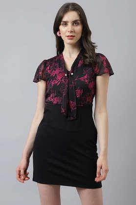 printed round neck polyester women's maxi dress - black