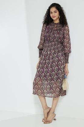 printed round neck polyester women's midi dress - multi