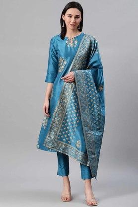 printed round neck polyester women's salwar kurta and dupatta set - blue