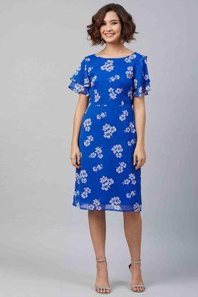 printed round neck polyester womens a-line dress - blue