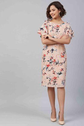 printed round neck polyester womens a-line dress - peach