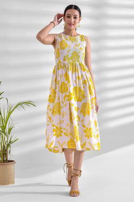 printed round neck rayon women's calf length dress - yellow