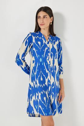 printed round neck rayon women's dress - blue