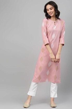 printed round neck rayon women's ethnic set - pink