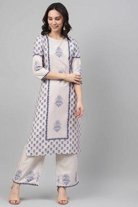 printed round neck rayon women's ethnic set - white