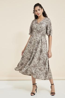 printed round neck rayon women's maxi dress - mouse