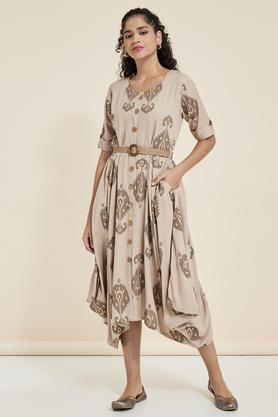 printed round neck rayon women's maxi dress - natural