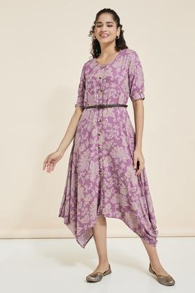 printed round neck rayon women's maxi dress - purple