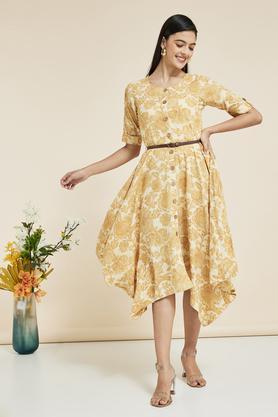 printed round neck rayon women's maxi dress - yellow