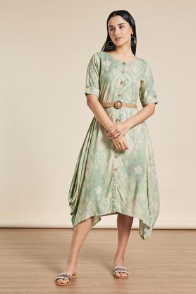 printed round neck rayon women's midi dress - green