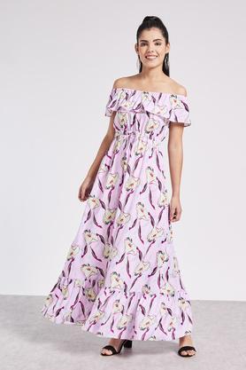 printed round neck rayon women's midi dress - lilac