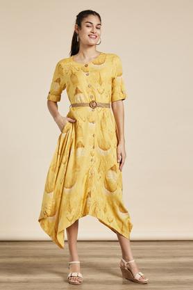 printed round neck rayon women's midi dress - mustard
