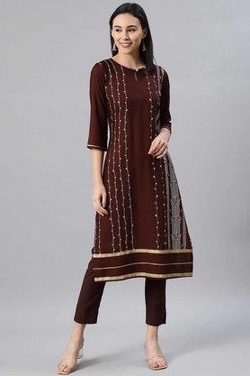 printed round neck rayon womens ethnic set - brown