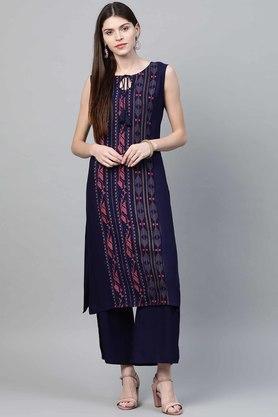 printed round neck rayon womens ethnic set - navy