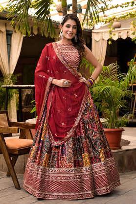 printed round neck satin women's lehenga choli set - multi