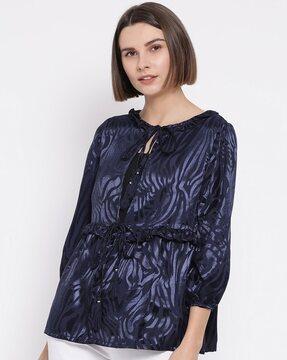 printed round-neck shrug with front tie-up