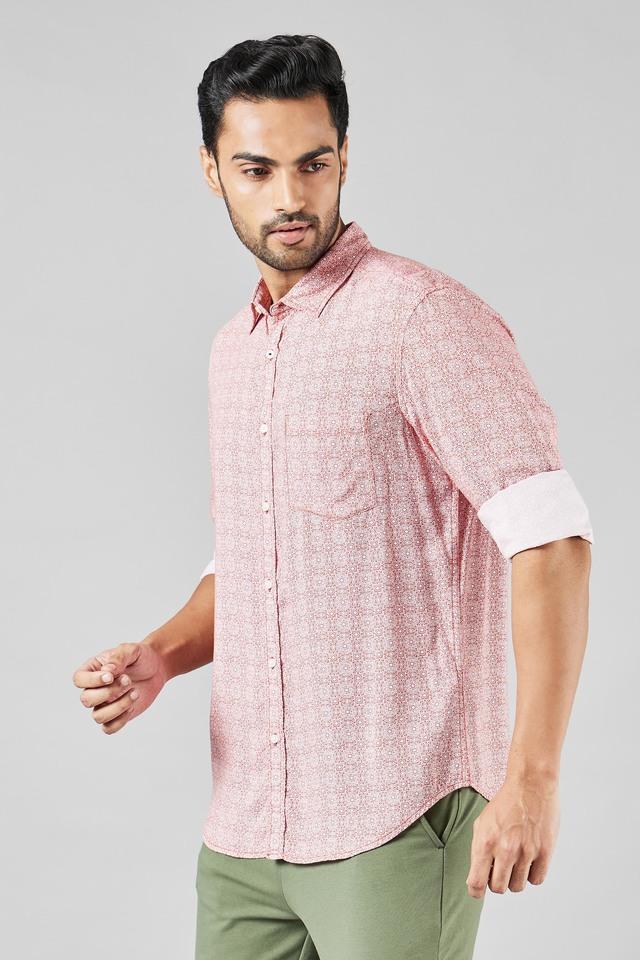 printed round neck slim fit men's casual shirt - rust