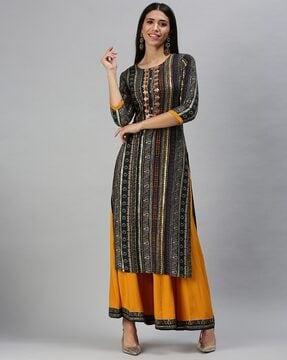 printed round-neck straight kurta set