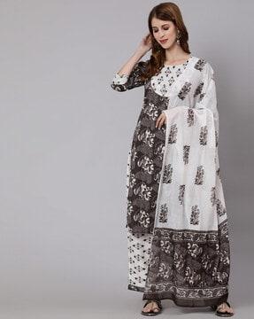 printed round-neck straight kurta set