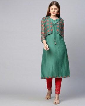 printed round-neck straight kurta with jacket