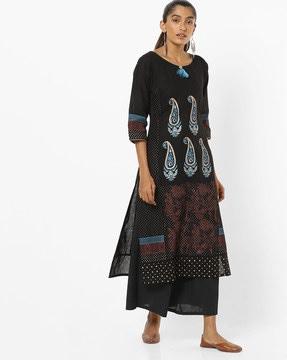 printed round-neck straight kurta with tassel