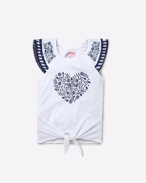 printed round-neck t-shirt with lace trim