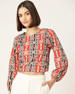 printed round-neck top with bishop sleeves