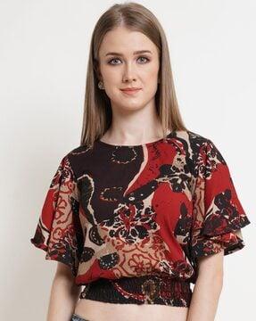 printed round-neck top with butterfly sleeves