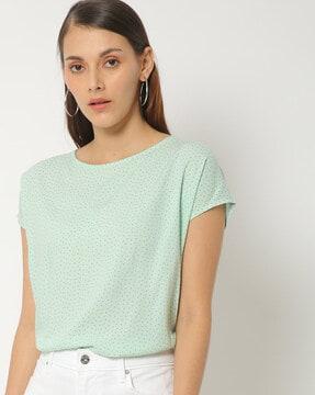 printed round-neck top with curved hemline