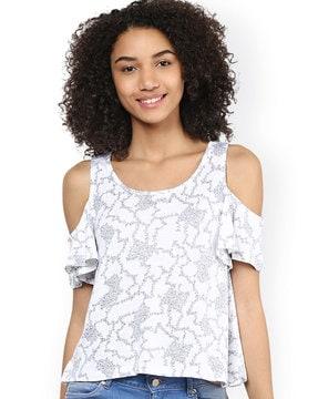 printed round-neck top with cutout sleeves