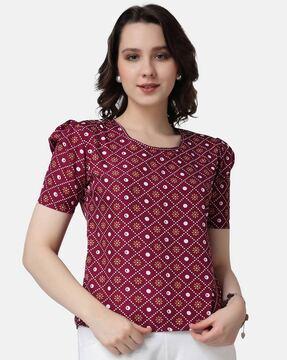 printed round-neck top with puff sleeves