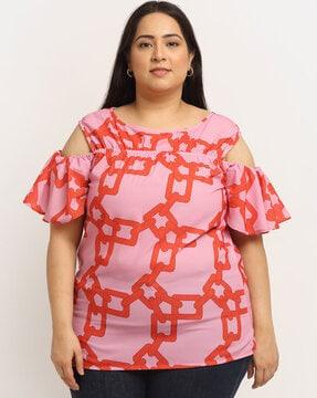 printed round-neck tunic with cold shoulder