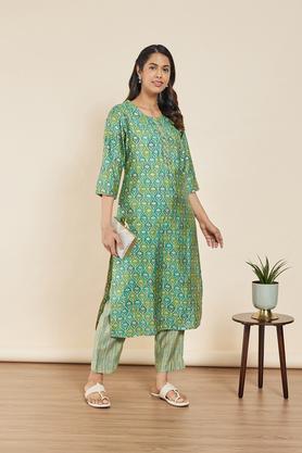 printed round neck viscose blend womens kurta palazzo set - blue