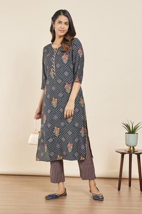 printed round neck viscose blend womens kurta palazzo set - bottle green