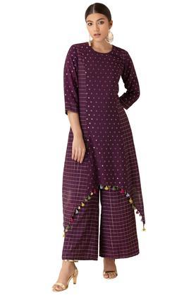 printed round neck viscose blend womens kurta palazzo set - purple