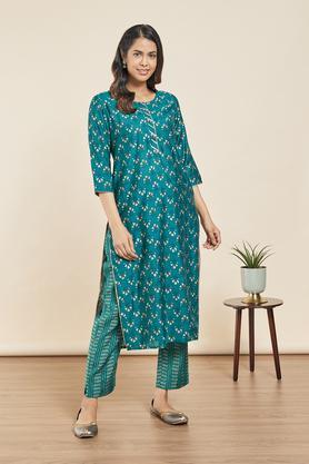 printed round neck viscose blend womens kurta palazzo set - turquoise